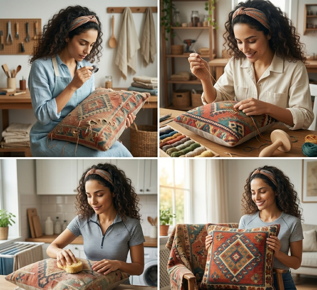 دليل شامل لإصلاح وترميم وسادة الكليم العتيقة بنمط فني vintage